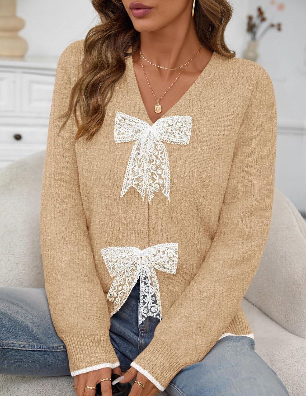 imageMEROKEETY Womens Tie Front Bow Cardigan Sweaters 2025 Long Sleeve Chunky Knit Cute Trendy Fall Winter CoatsCamel