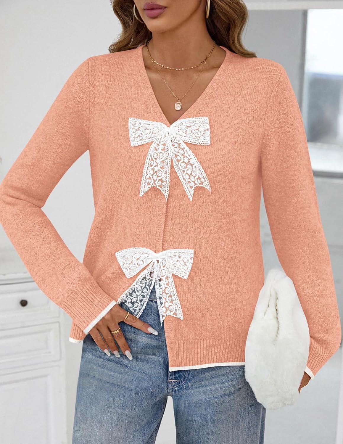 imageMEROKEETY Womens Tie Front Bow Cardigan Sweaters 2025 Long Sleeve Chunky Knit Cute Trendy Fall Winter CoatsLightsalmon