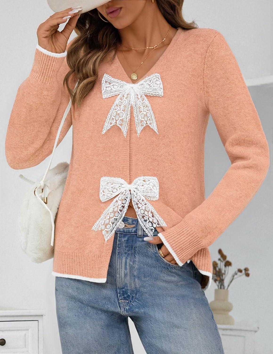 imageMEROKEETY Womens Tie Front Bow Cardigan Sweaters 2025 Long Sleeve Chunky Knit Cute Trendy Fall Winter CoatsLightsalmon