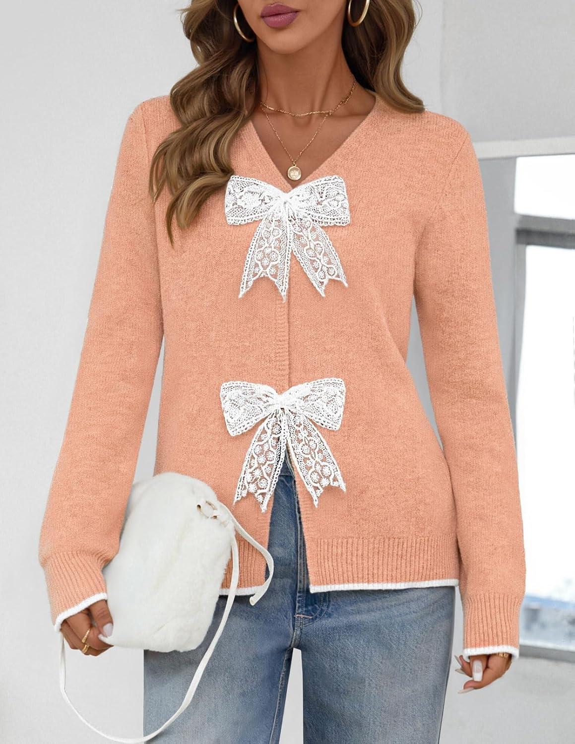 imageMEROKEETY Womens Tie Front Bow Cardigan Sweaters 2025 Long Sleeve Chunky Knit Cute Trendy Fall Winter CoatsLightsalmon