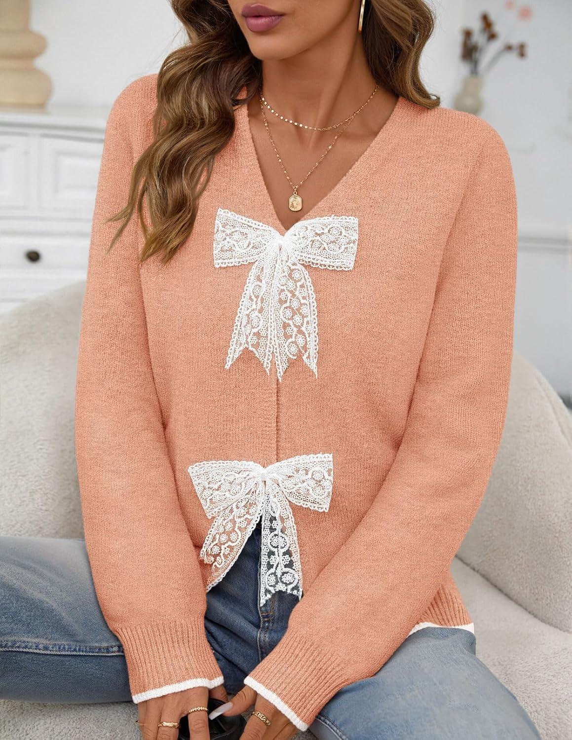 imageMEROKEETY Womens Tie Front Bow Cardigan Sweaters 2025 Long Sleeve Chunky Knit Cute Trendy Fall Winter CoatsLightsalmon