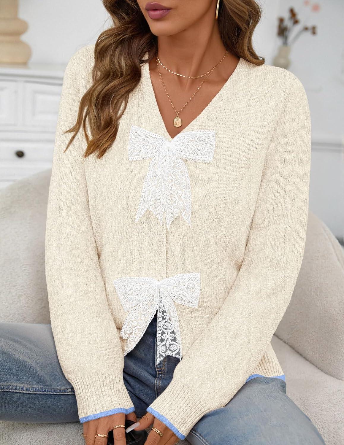 imageMEROKEETY Womens Tie Front Bow Cardigan Sweaters 2025 Long Sleeve Chunky Knit Cute Trendy Fall Winter CoatsWhite