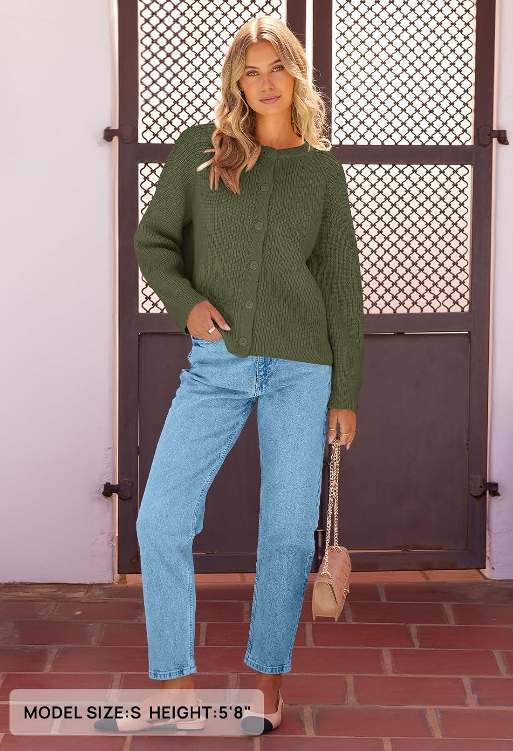 imageMEROKEETY Womens Winter Fall Long Sleeve Cardigan Sweater 2026 Crew Neck Button Open Front Chunky Knit OutfitsArmy Green