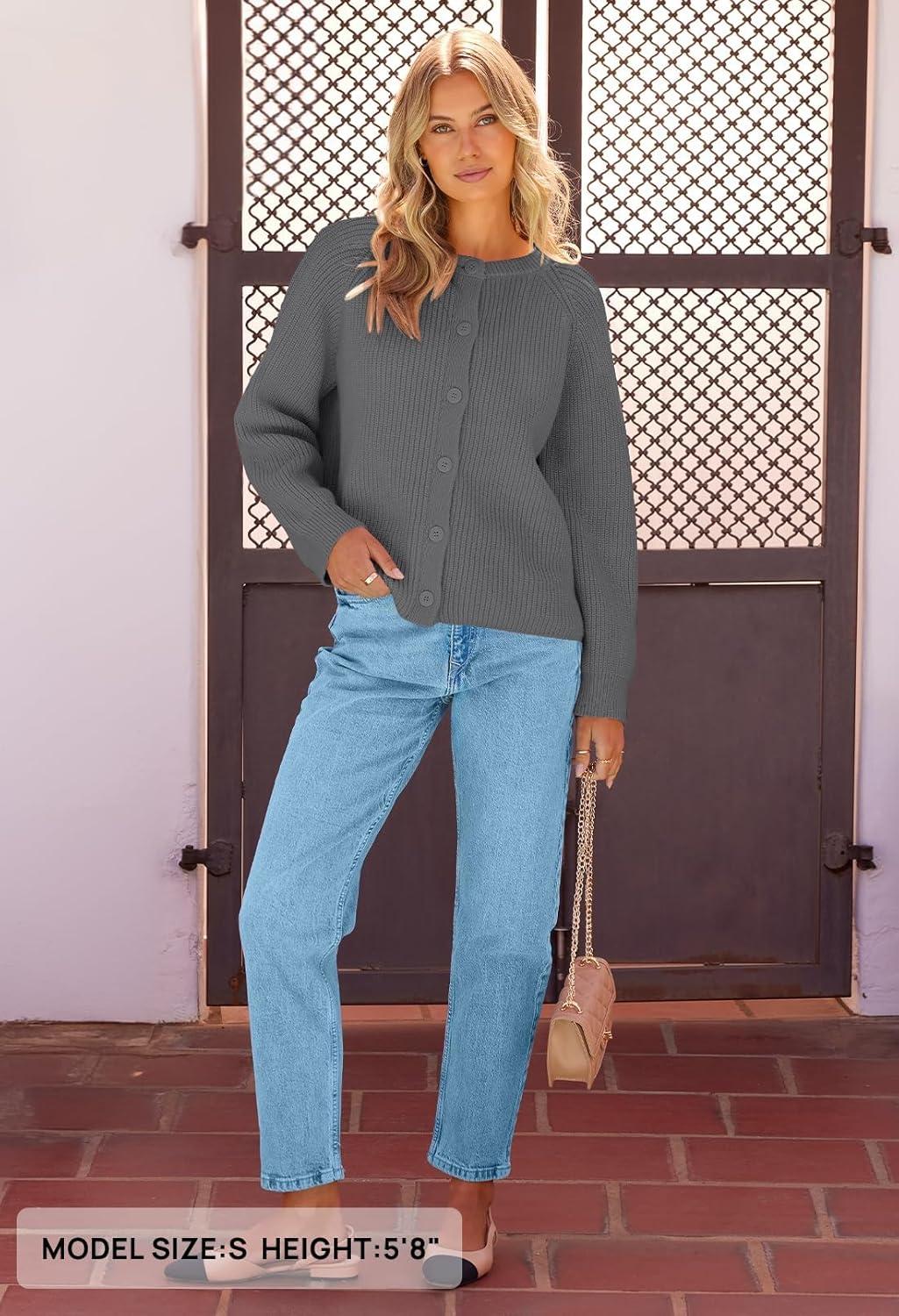 imageMEROKEETY Womens Winter Fall Long Sleeve Cardigan Sweater 2026 Crew Neck Button Open Front Chunky Knit OutfitsDark Grey