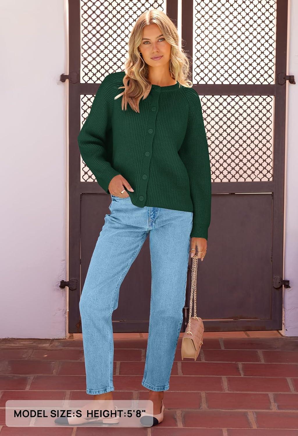 imageMEROKEETY Womens Winter Fall Long Sleeve Cardigan Sweater 2026 Crew Neck Button Open Front Chunky Knit OutfitsGreen