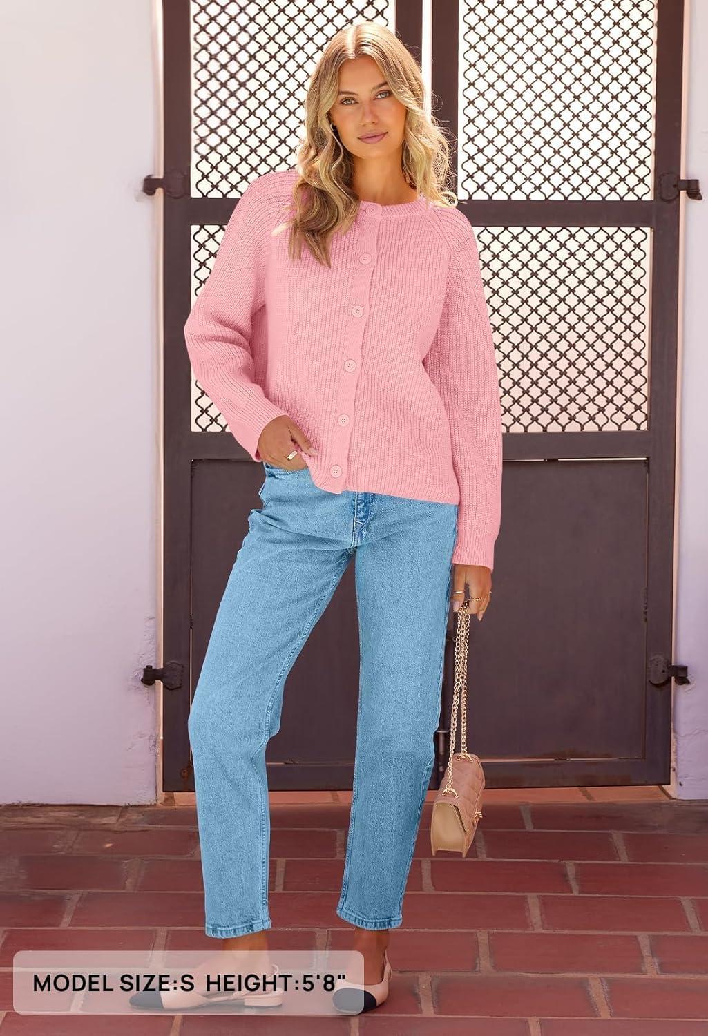 imageMEROKEETY Womens Winter Fall Long Sleeve Cardigan Sweater 2026 Crew Neck Button Open Front Chunky Knit OutfitsLight Pink