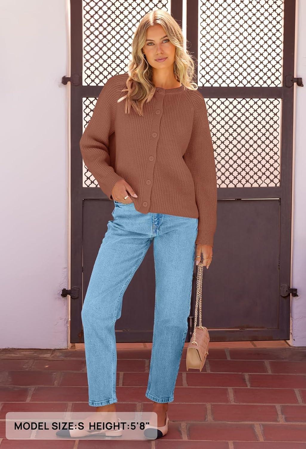 imageMEROKEETY Womens Winter Fall Long Sleeve Cardigan Sweater 2026 Crew Neck Button Open Front Chunky Knit OutfitsRust