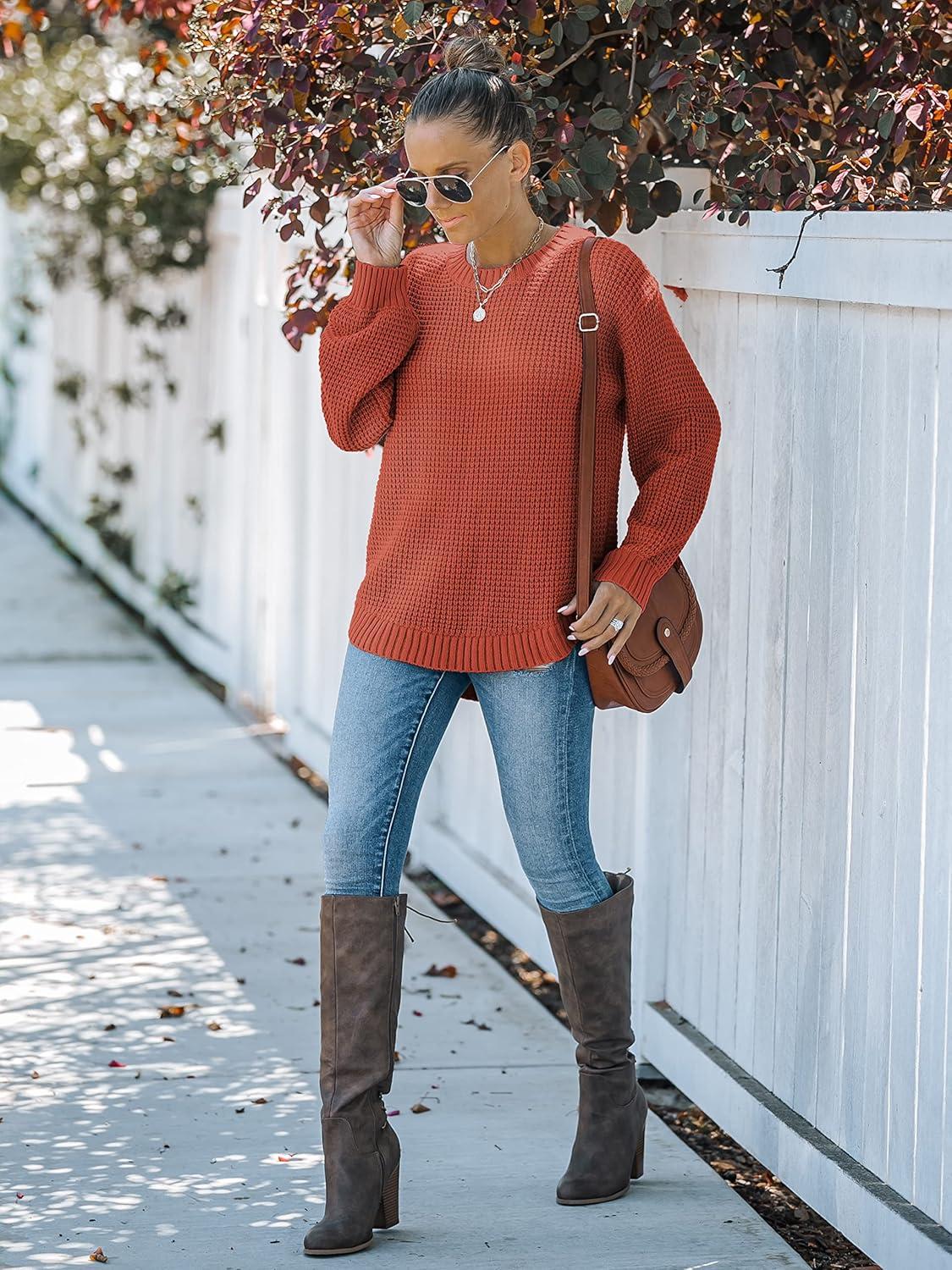 imageMEROKEETY Womens Winter Fall Long Sleeve Tunic Sweaters 2026 Casual Trendy Crew Neck Waffle Knit Pullover Tops JumperRust