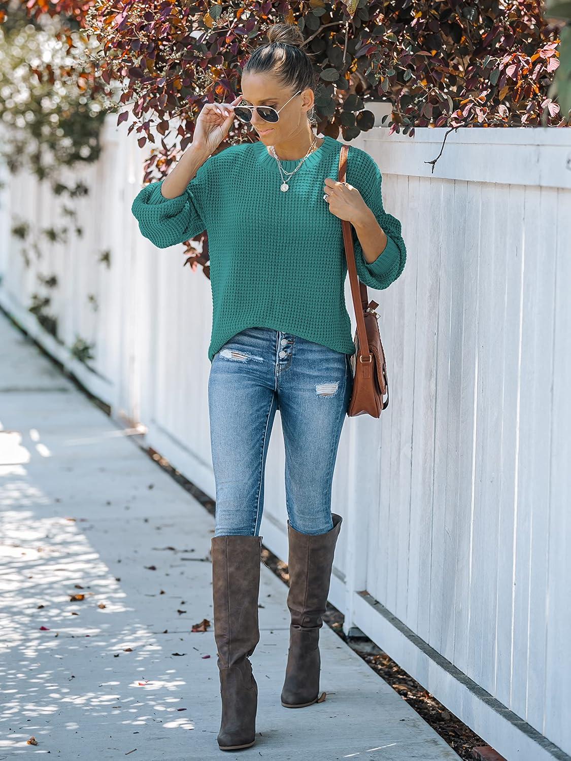imageMEROKEETY Womens Winter Fall Long Sleeve Tunic Sweaters 2026 Casual Trendy Crew Neck Waffle Knit Pullover Tops JumperTeal