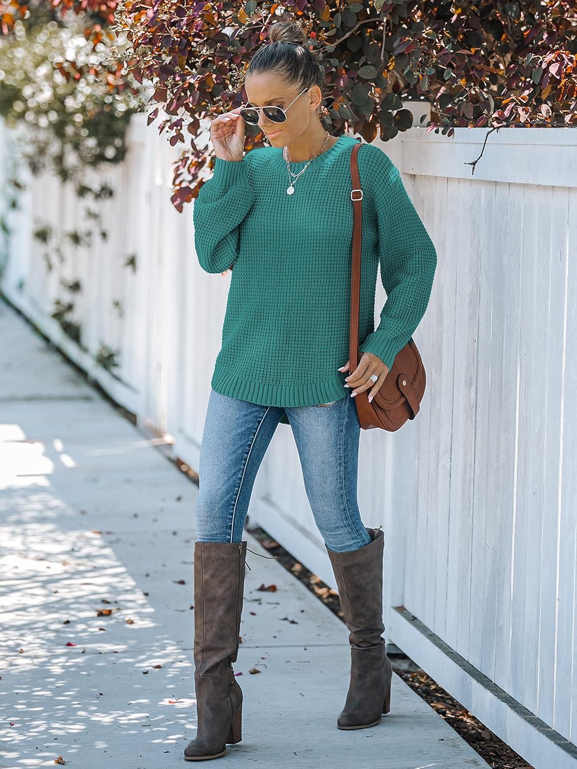 imageMEROKEETY Womens Winter Fall Long Sleeve Tunic Sweaters 2026 Casual Trendy Crew Neck Waffle Knit Pullover Tops JumperTeal