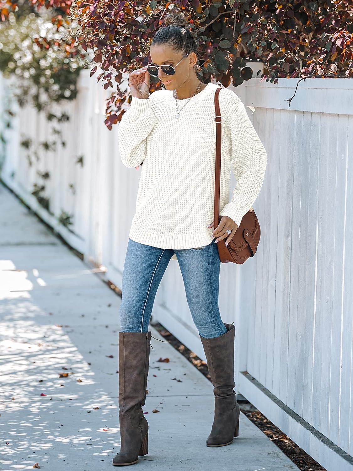 imageMEROKEETY Womens Winter Fall Long Sleeve Tunic Sweaters 2026 Casual Trendy Crew Neck Waffle Knit Pullover Tops JumperWhite