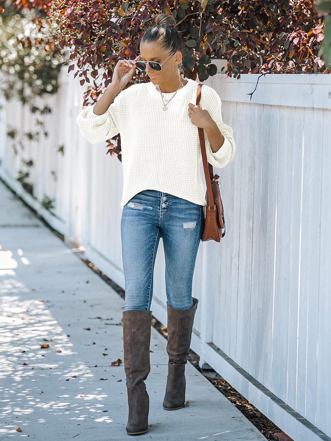 imageMEROKEETY Womens Winter Fall Long Sleeve Tunic Sweaters 2026 Casual Trendy Crew Neck Waffle Knit Pullover Tops JumperWhite