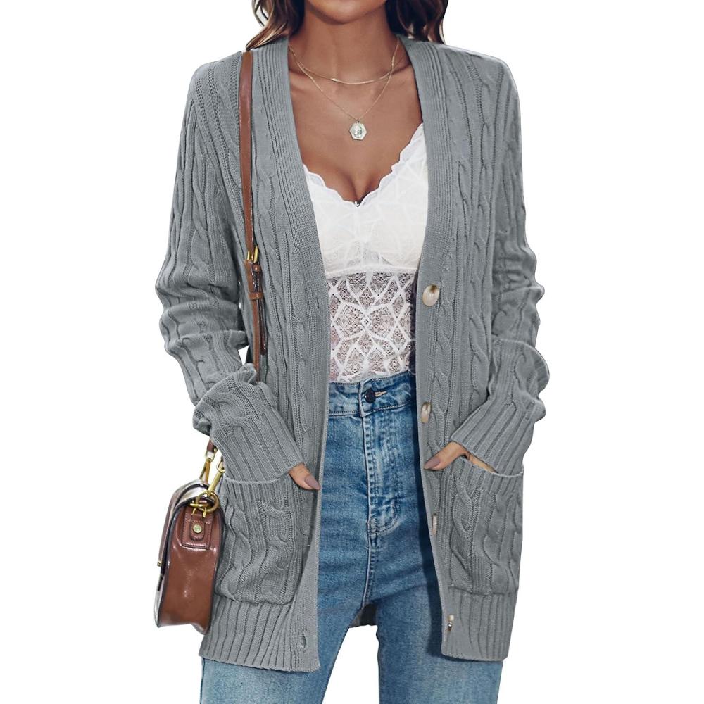 imageMEROKEETY Cardigan Sweater for Women 2026 Fall Winter Spring Cable Knit Button Up Open Front Long Sleeve CoatGrey