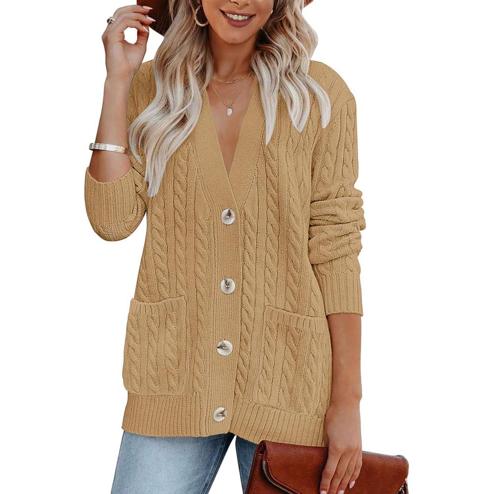 imageMEROKEETY Cardigan Sweater for Women 2026 Fall Winter Spring Cable Knit Button Up Open Front Long Sleeve CoatKhaki