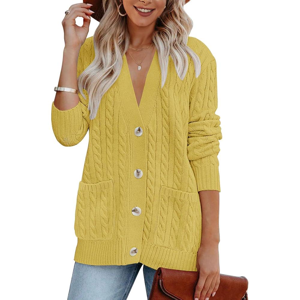 imageMEROKEETY Cardigan Sweater for Women 2026 Fall Winter Spring Cable Knit Button Up Open Front Long Sleeve CoatMustard