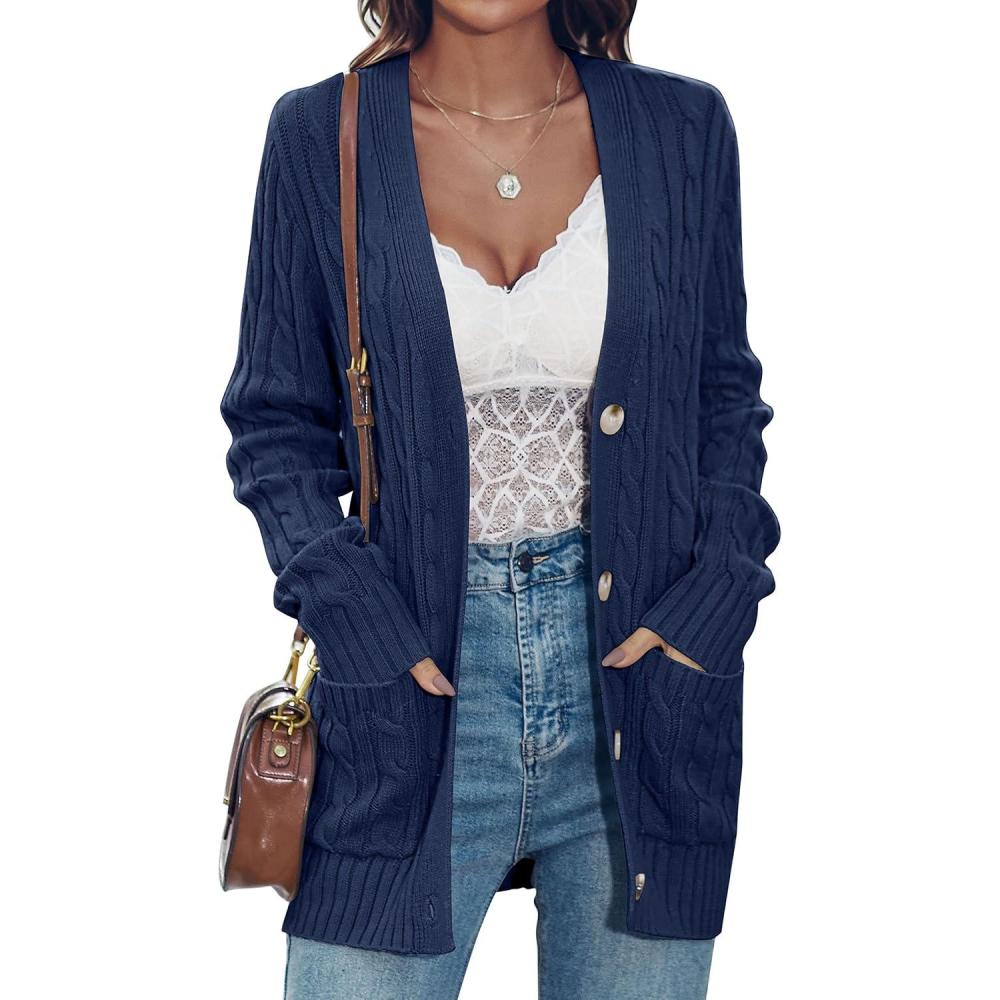 imageMEROKEETY Cardigan Sweater for Women 2026 Fall Winter Spring Cable Knit Button Up Open Front Long Sleeve CoatNavy