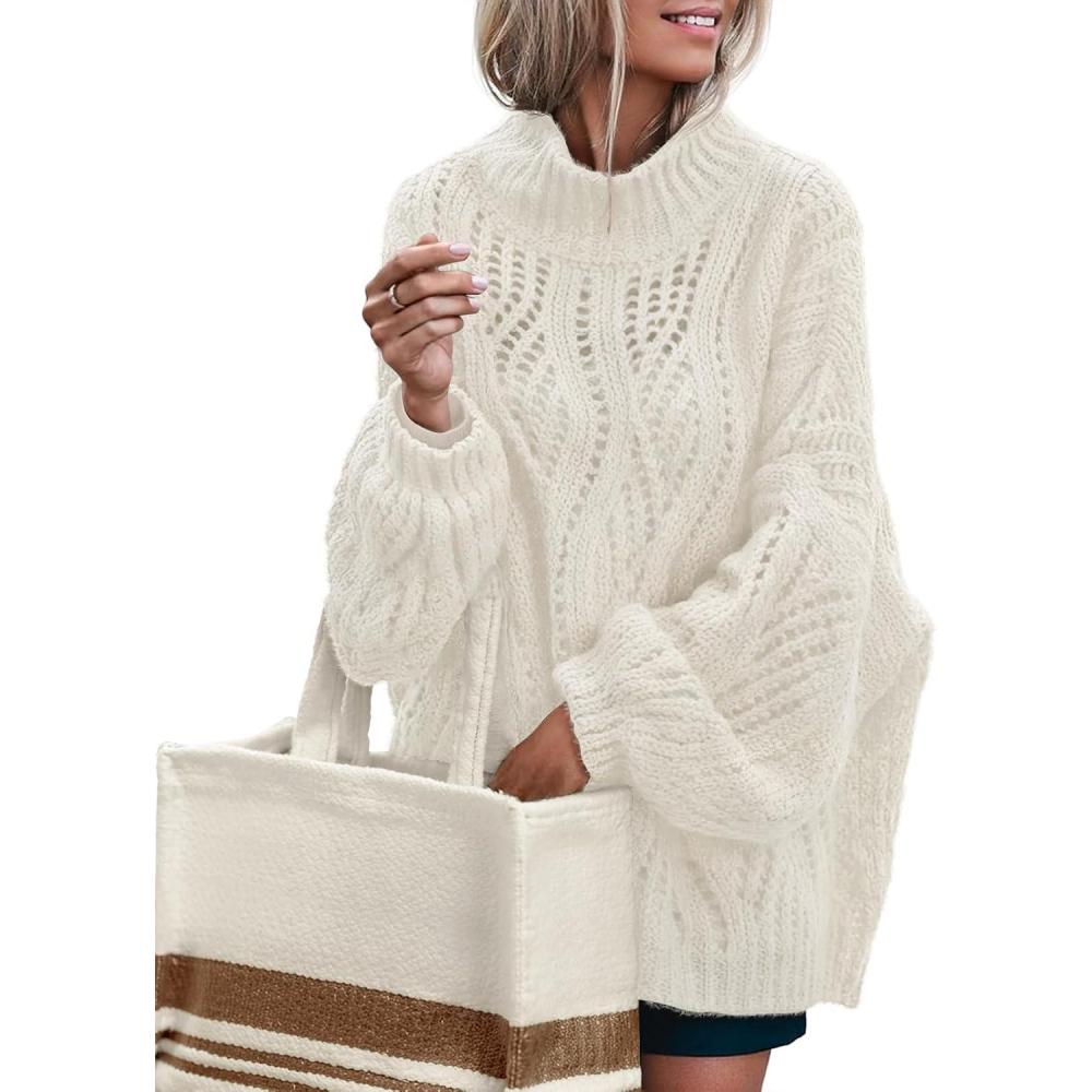 imageMEROKEETY Fall Sweaters for Women 2025 Oversized Pullover Crochet Lantern Long Sleeve Mock Neck Casual Loose TopsBeige