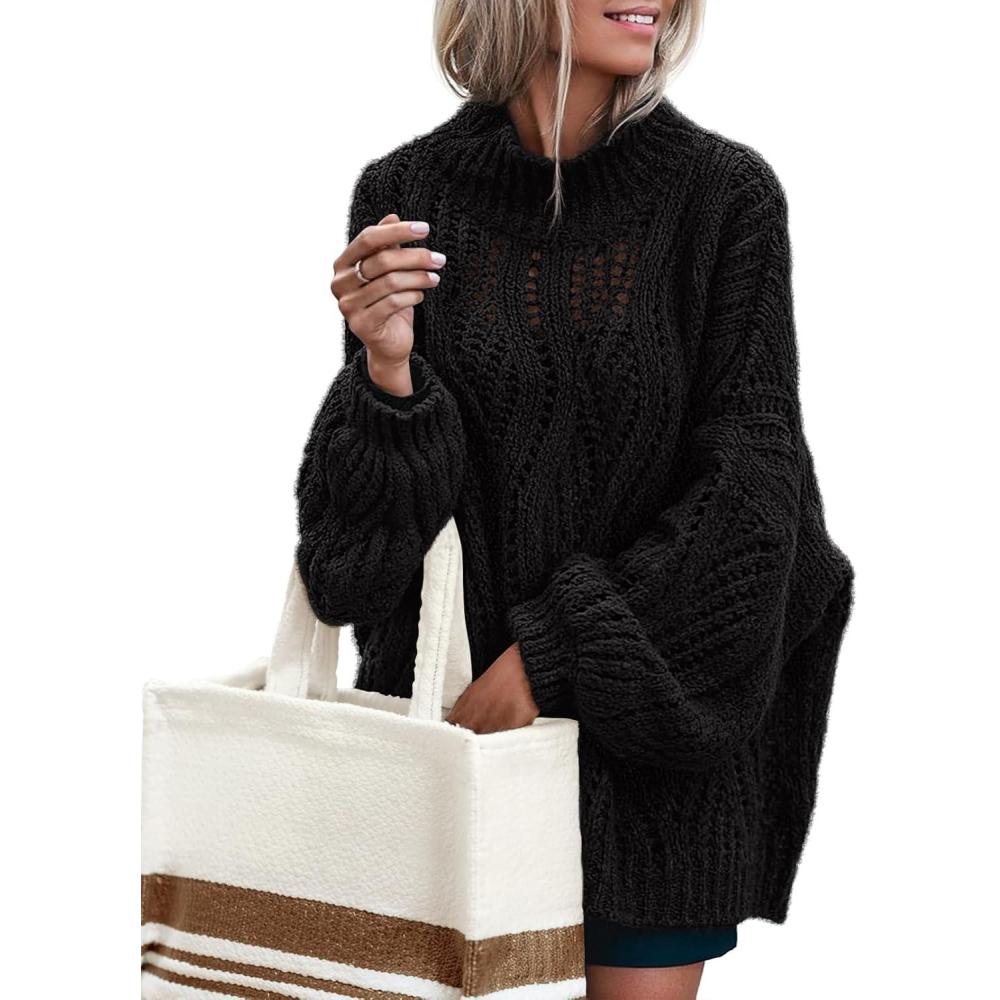 imageMEROKEETY Fall Sweaters for Women 2025 Oversized Pullover Crochet Lantern Long Sleeve Mock Neck Casual Loose TopsBlack