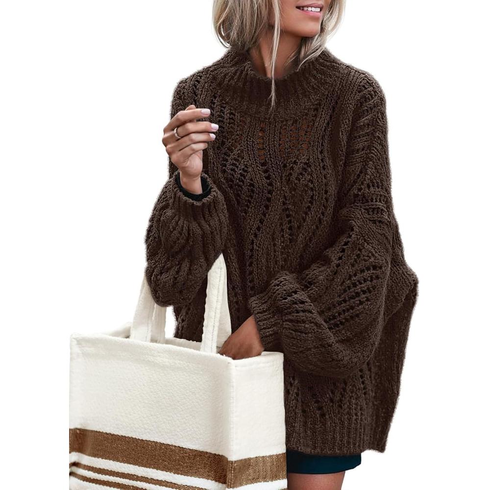 imageMEROKEETY Fall Sweaters for Women 2025 Oversized Pullover Crochet Lantern Long Sleeve Mock Neck Casual Loose TopsCoffee
