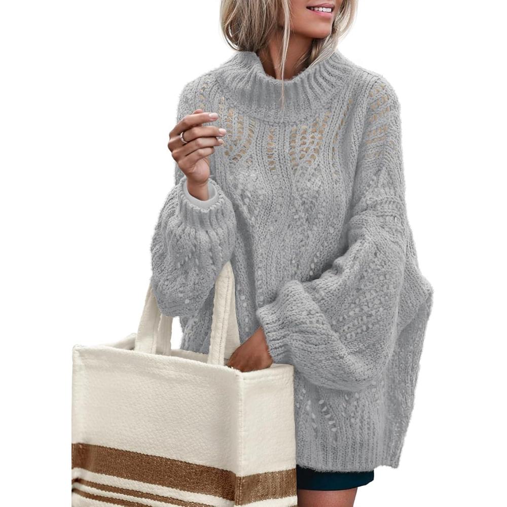 imageMEROKEETY Fall Sweaters for Women 2025 Oversized Pullover Crochet Lantern Long Sleeve Mock Neck Casual Loose TopsLight Grey
