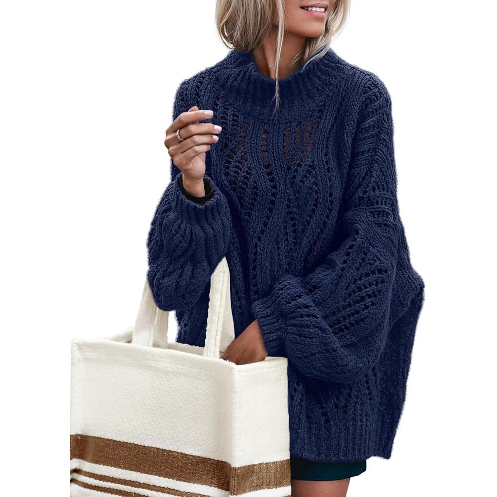 imageMEROKEETY Fall Sweaters for Women 2025 Oversized Pullover Crochet Lantern Long Sleeve Mock Neck Casual Loose TopsNavy