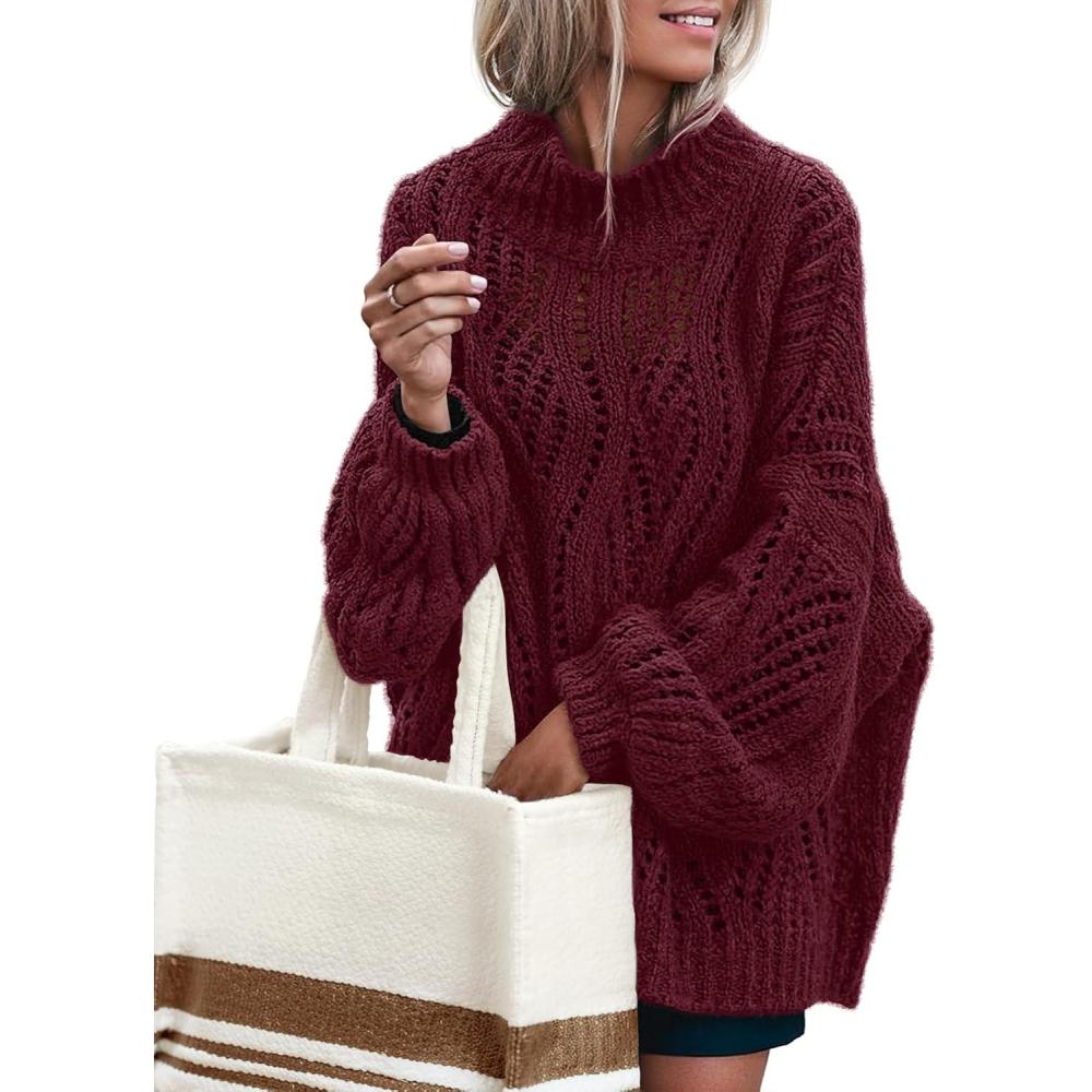 imageMEROKEETY Fall Sweaters for Women 2025 Oversized Pullover Crochet Lantern Long Sleeve Mock Neck Casual Loose TopsWine Red