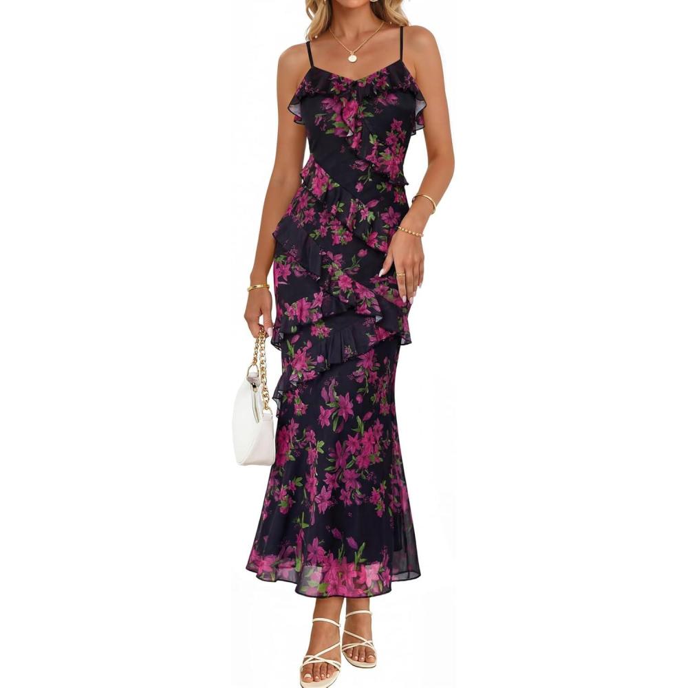 imageMEROKEETY Spring Wedding Guest Dress for Women 2026 Summer Floral Cocktail Party Beach Vacation Ruffle Bodycon Maxi DressesBlack
