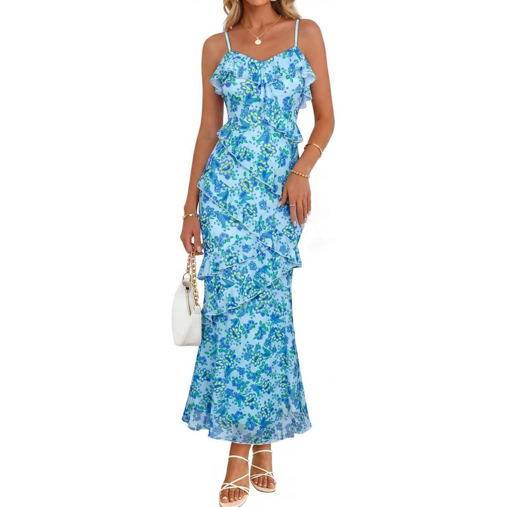 imageMEROKEETY Spring Wedding Guest Dress for Women 2026 Summer Floral Cocktail Party Beach Vacation Ruffle Bodycon Maxi DressesBlue