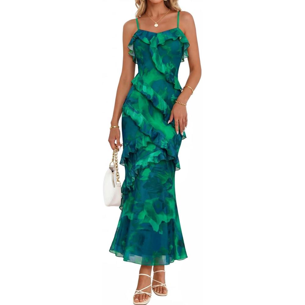 imageMEROKEETY Spring Wedding Guest Dress for Women 2026 Summer Floral Cocktail Party Beach Vacation Ruffle Bodycon Maxi DressesGreen