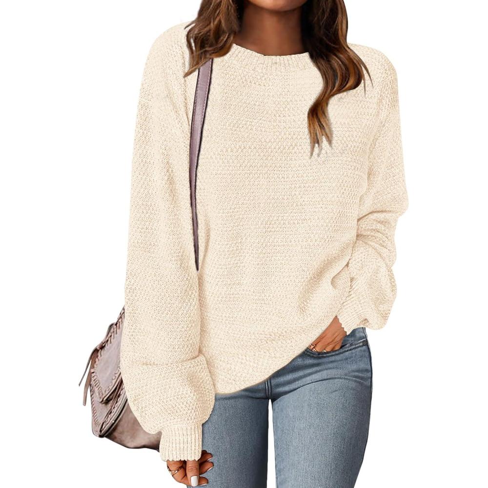 imageMEROKEETY Sweaters for Women Fall Winter 2026 Oversized Pullover Spring Crew Neck Long Sleeve Heathered Knit TopsApricot
