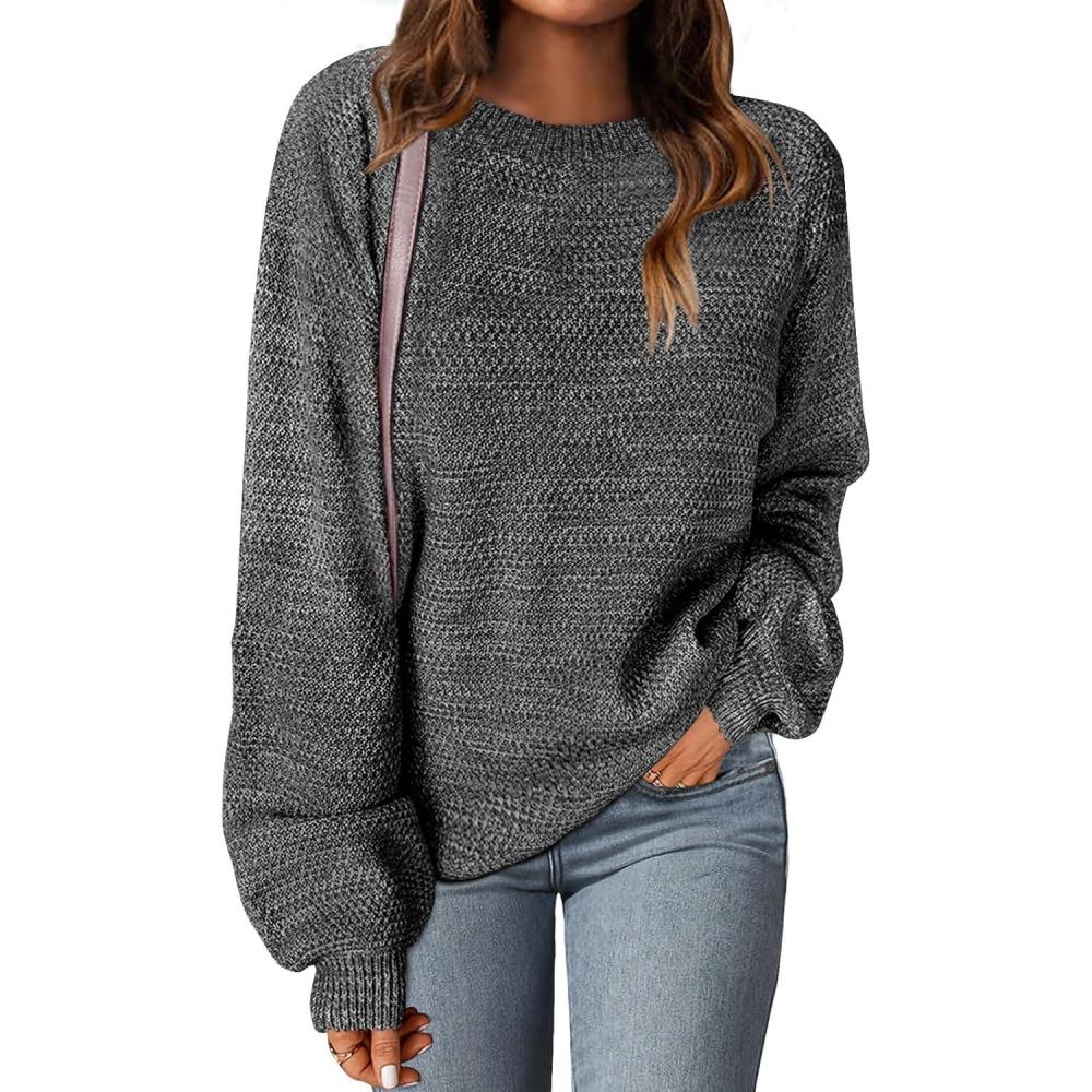 imageMEROKEETY Sweaters for Women Fall Winter 2026 Oversized Pullover Spring Crew Neck Long Sleeve Heathered Knit TopsBlack