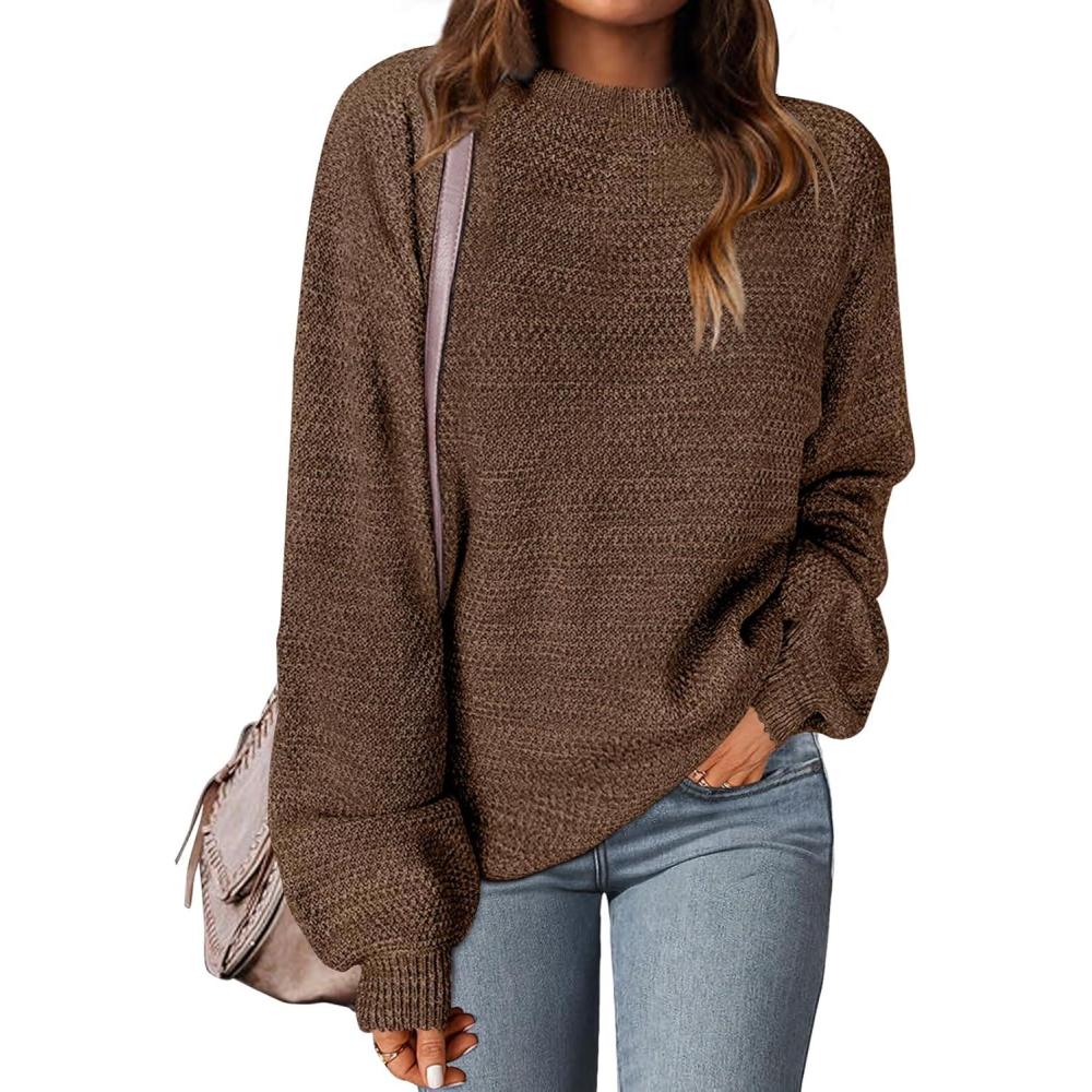 imageMEROKEETY Sweaters for Women Fall Winter 2026 Oversized Pullover Spring Crew Neck Long Sleeve Heathered Knit TopsCoffee