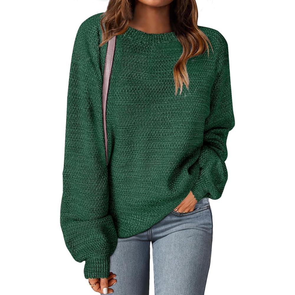 imageMEROKEETY Sweaters for Women Fall Winter 2026 Oversized Pullover Spring Crew Neck Long Sleeve Heathered Knit TopsDark Green