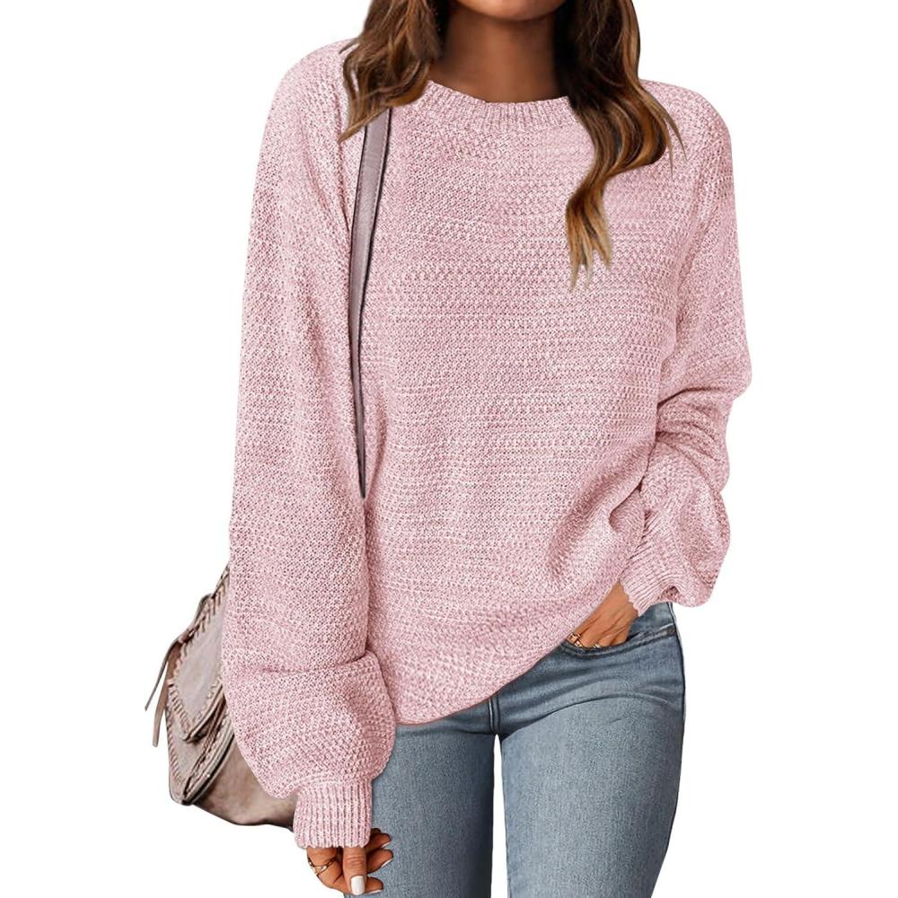 imageMEROKEETY Sweaters for Women Fall Winter 2026 Oversized Pullover Spring Crew Neck Long Sleeve Heathered Knit TopsDusty Pink