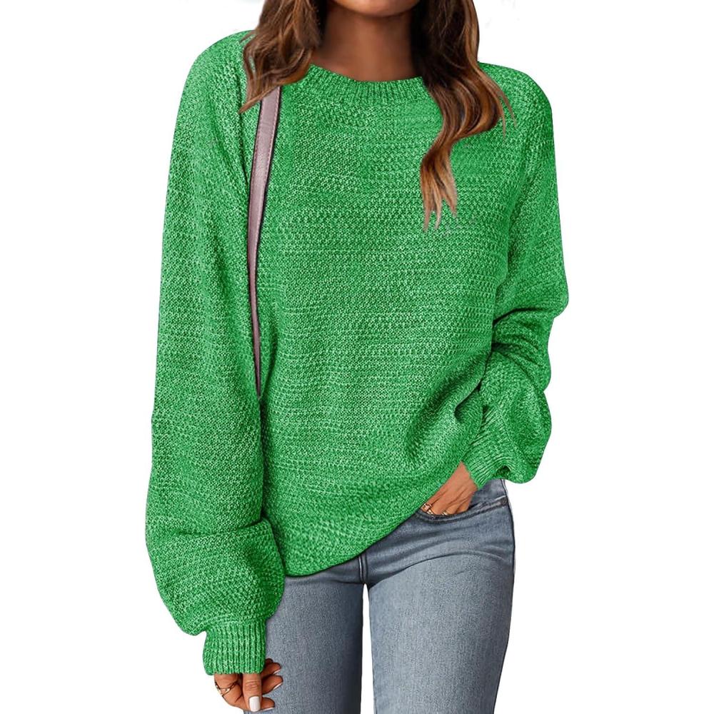imageMEROKEETY Sweaters for Women Fall Winter 2026 Oversized Pullover Spring Crew Neck Long Sleeve Heathered Knit TopsGreen