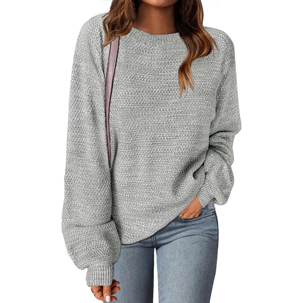 imageMEROKEETY Sweaters for Women Fall Winter 2026 Oversized Pullover Spring Crew Neck Long Sleeve Heathered Knit TopsGrey