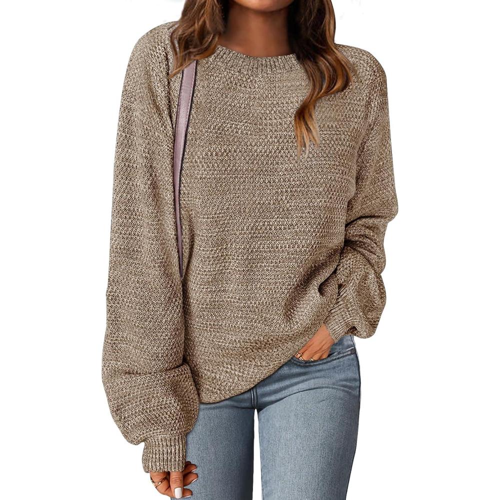 imageMEROKEETY Sweaters for Women Fall Winter 2026 Oversized Pullover Spring Crew Neck Long Sleeve Heathered Knit TopsMocha