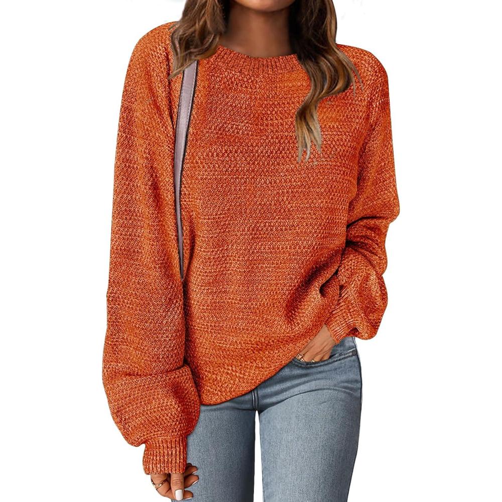 imageMEROKEETY Sweaters for Women Fall Winter 2026 Oversized Pullover Spring Crew Neck Long Sleeve Heathered Knit TopsOrangered