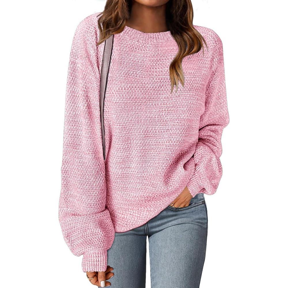 imageMEROKEETY Sweaters for Women Fall Winter 2026 Oversized Pullover Spring Crew Neck Long Sleeve Heathered Knit TopsPink