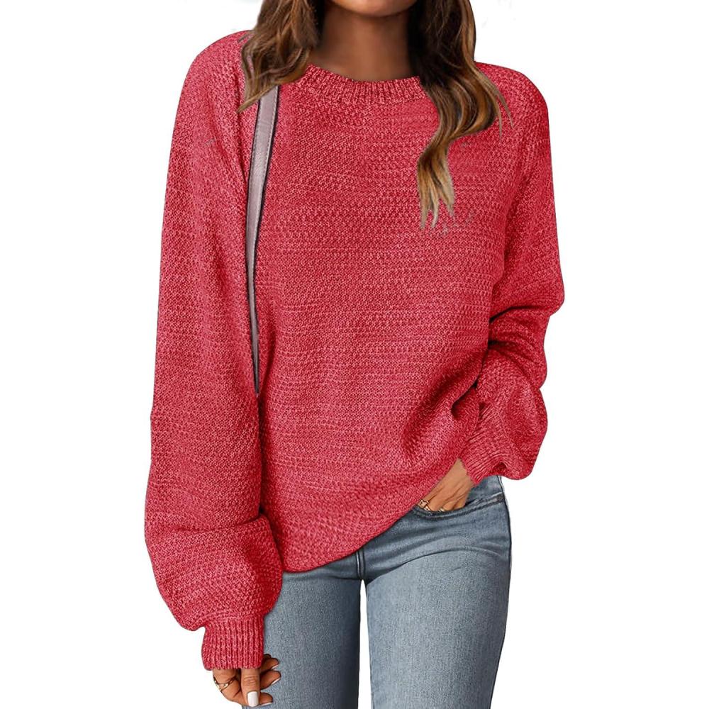 imageMEROKEETY Sweaters for Women Fall Winter 2026 Oversized Pullover Spring Crew Neck Long Sleeve Heathered Knit TopsRed