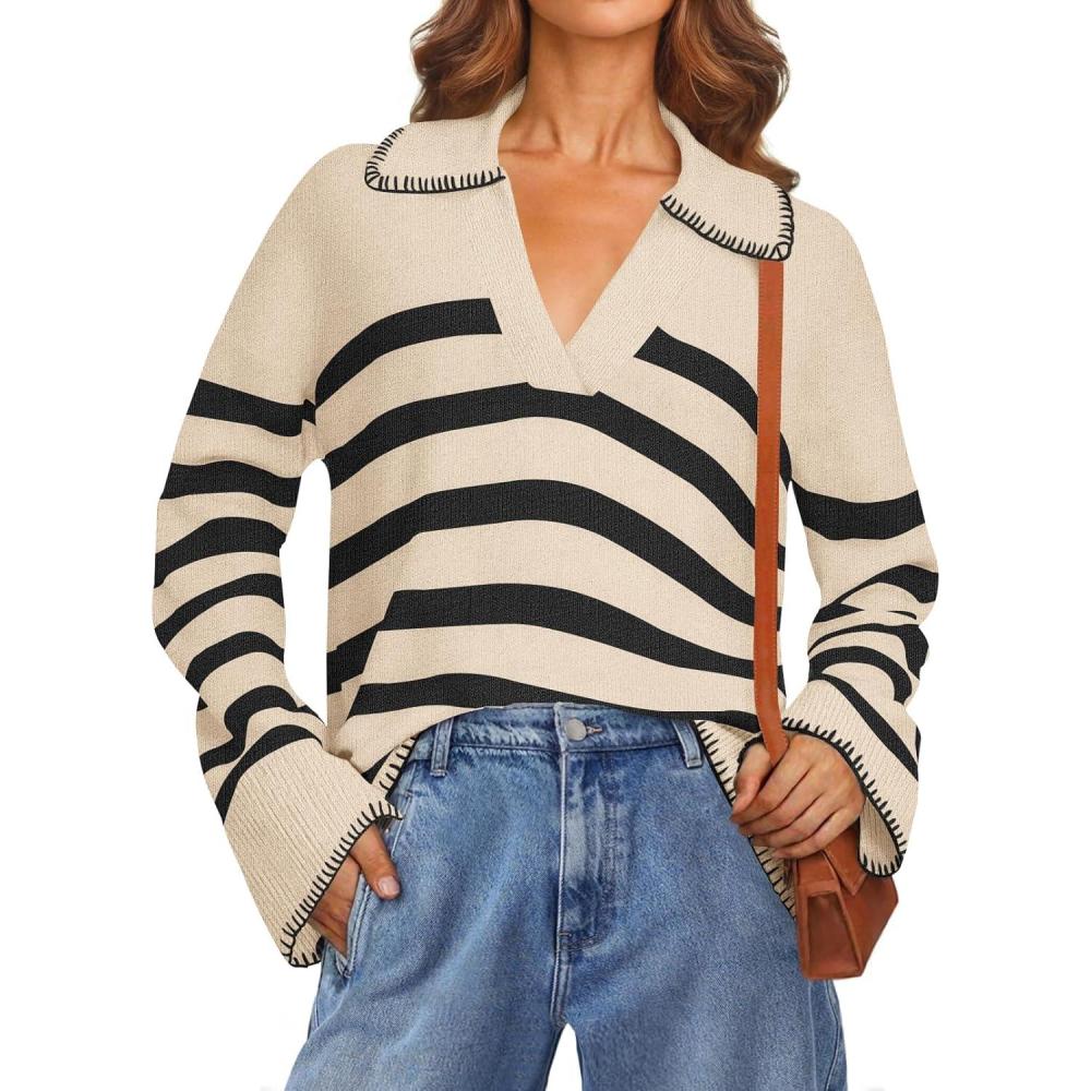 imageMEROKEETY Womens 2024 Fall Oversized Striped Sweater Collared V Neck Long Sleeve Trendy Knit Pullover TopsApricot