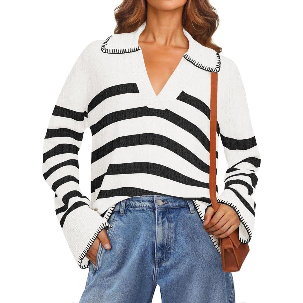 imageMEROKEETY Womens 2024 Fall Oversized Striped Sweater Collared V Neck Long Sleeve Trendy Knit Pullover TopsWhite