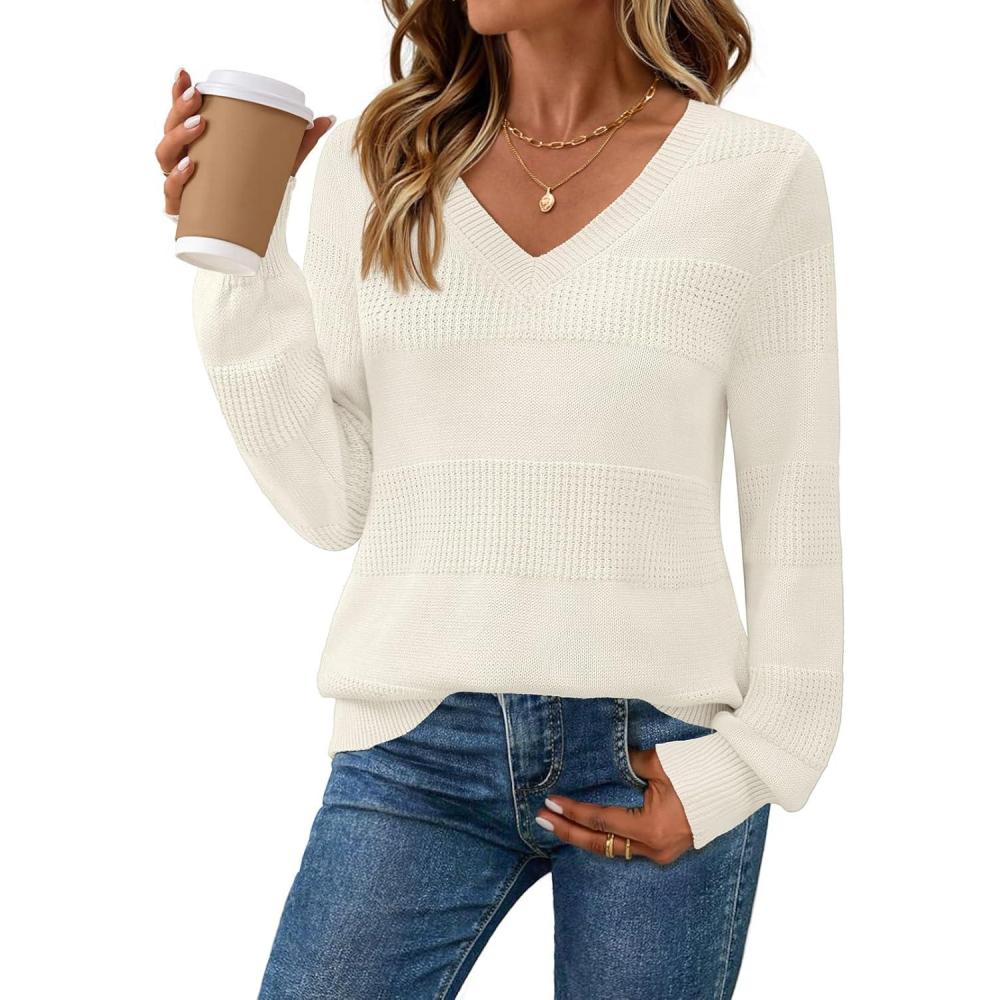 imageMEROKEETY Womens 2025 Fall Long Sleeve Sweaters Tops Casual Crochet V Neck Loose Pullover Knit ShirtsWhite