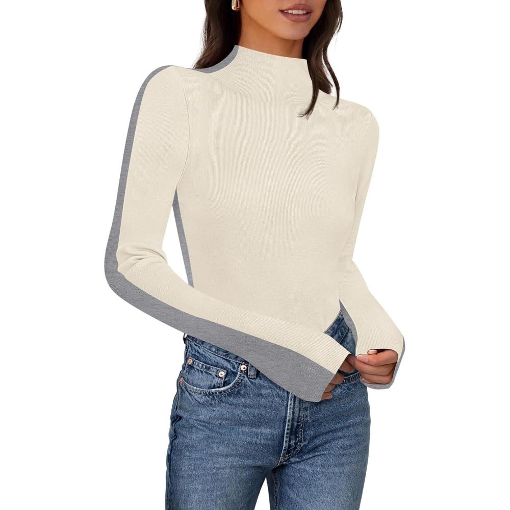 imageMEROKEETY Womens 2025 Fall Mock Neck Lightweight Pullover Sweater Fitted Ribbed Long Sleeve Color Block Knit Tee Shirt TopsBeige
