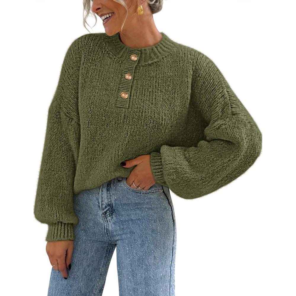 imageMEROKEETY Womens 2025 Fall Oversized Sweaters Chunky Long Lantern Sleeve Buttoned Mock Neck Winter Knit Loose Pullover TopsArmygreen