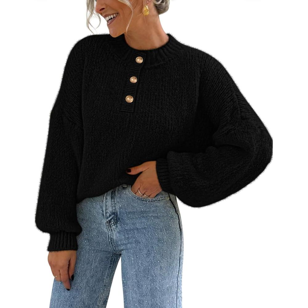 imageMEROKEETY Womens 2025 Fall Oversized Sweaters Chunky Long Lantern Sleeve Buttoned Mock Neck Winter Knit Loose Pullover TopsBlack