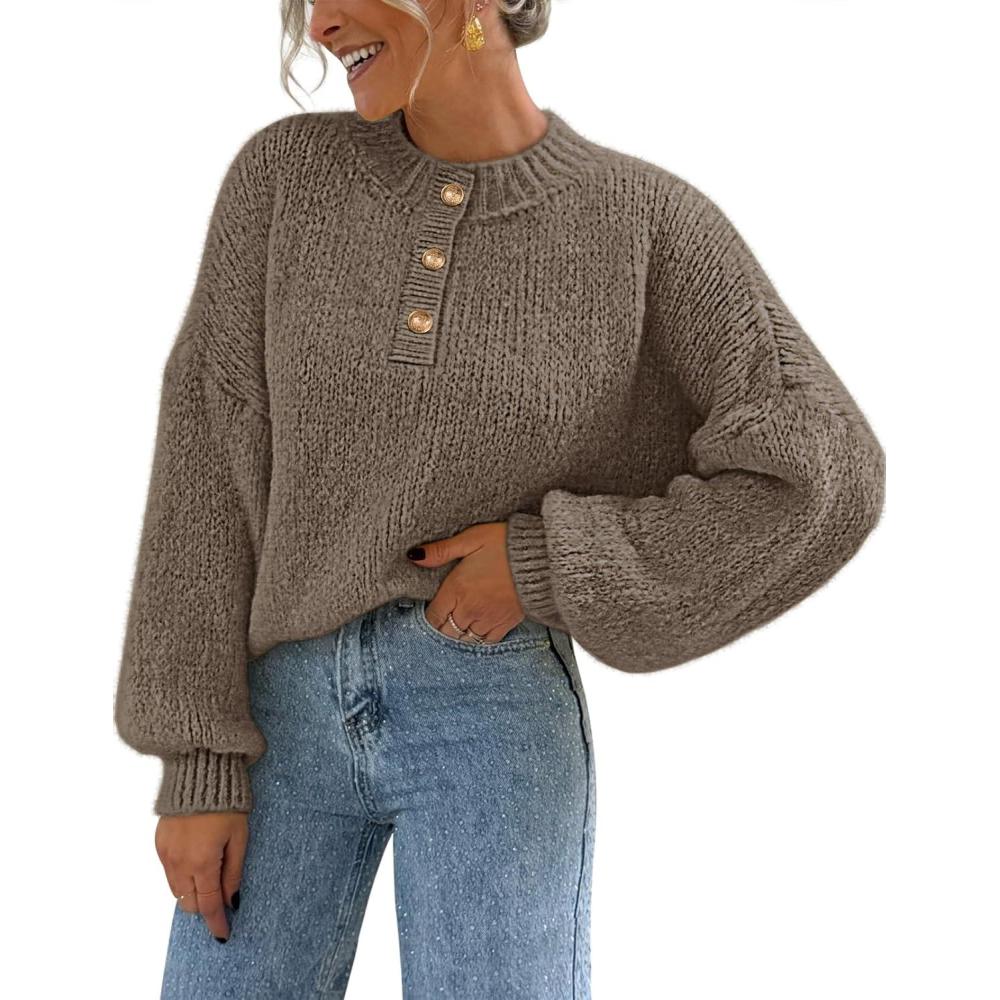 imageMEROKEETY Womens 2025 Fall Oversized Sweaters Chunky Long Lantern Sleeve Buttoned Mock Neck Winter Knit Loose Pullover TopsCamel
