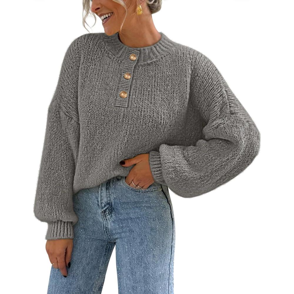 imageMEROKEETY Womens 2025 Fall Oversized Sweaters Chunky Long Lantern Sleeve Buttoned Mock Neck Winter Knit Loose Pullover TopsGrey