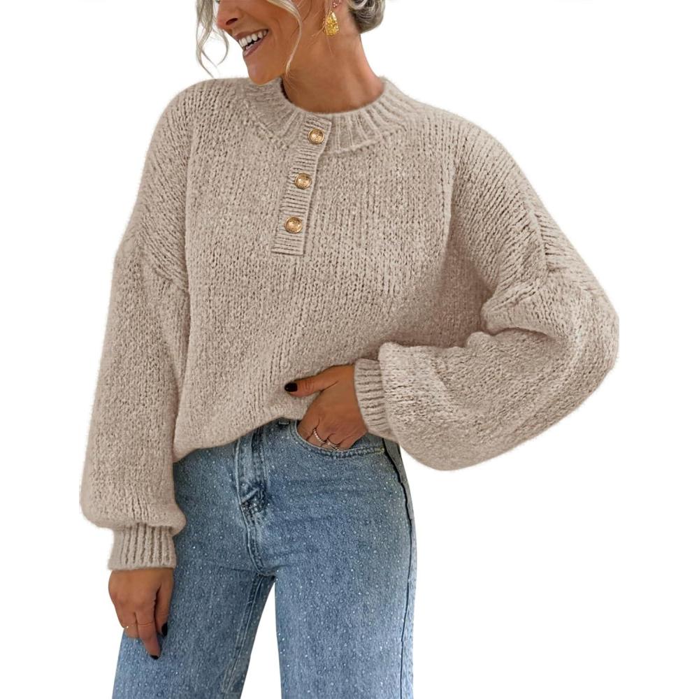 imageMEROKEETY Womens 2025 Fall Oversized Sweaters Chunky Long Lantern Sleeve Buttoned Mock Neck Winter Knit Loose Pullover TopsLightkhaki
