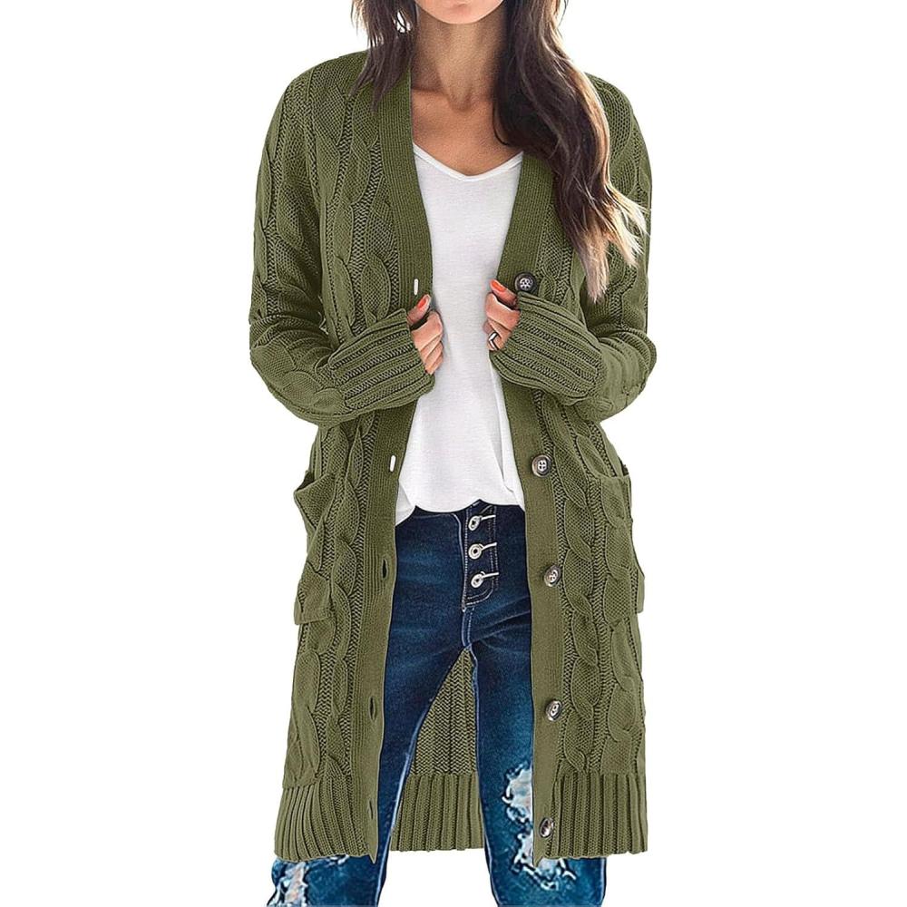 imageMEROKEETY Womens 2025 Long Sleeve Cardigan Sweater Fall Winter Cable Knit Open Front Button Long OuterwearArmy Green